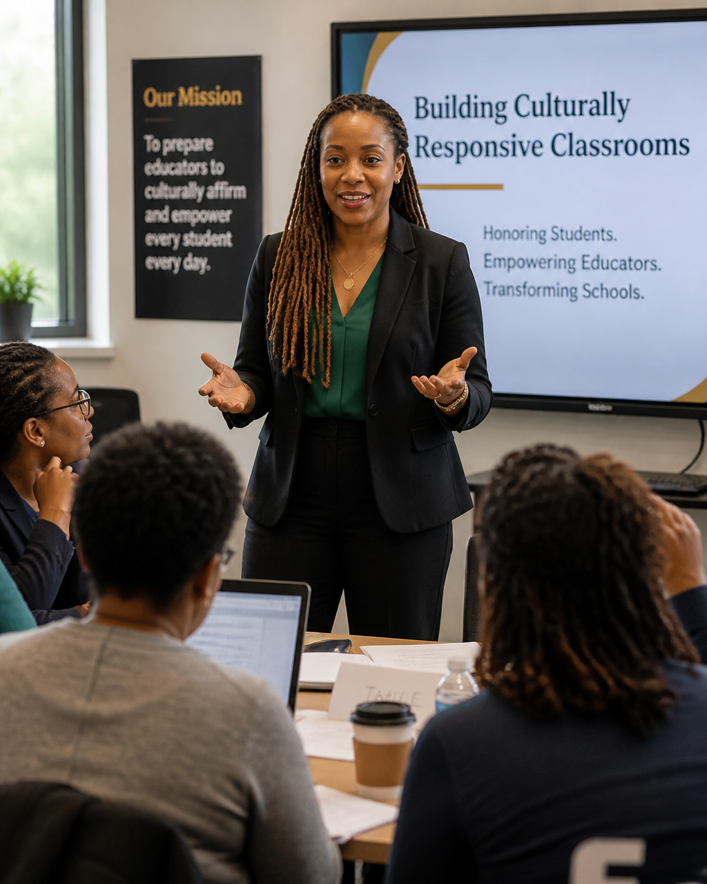 A presenter with long locs, wearing a green blouse and black blazer, leading a professional development session for a room of Black educators