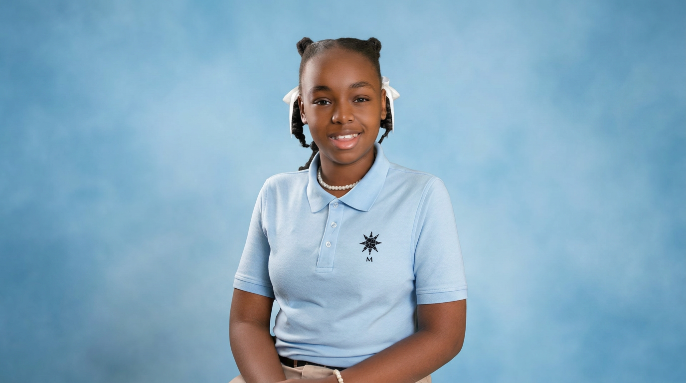 A smiling student in a light blue polo shirt against a soft blue studio backdrop