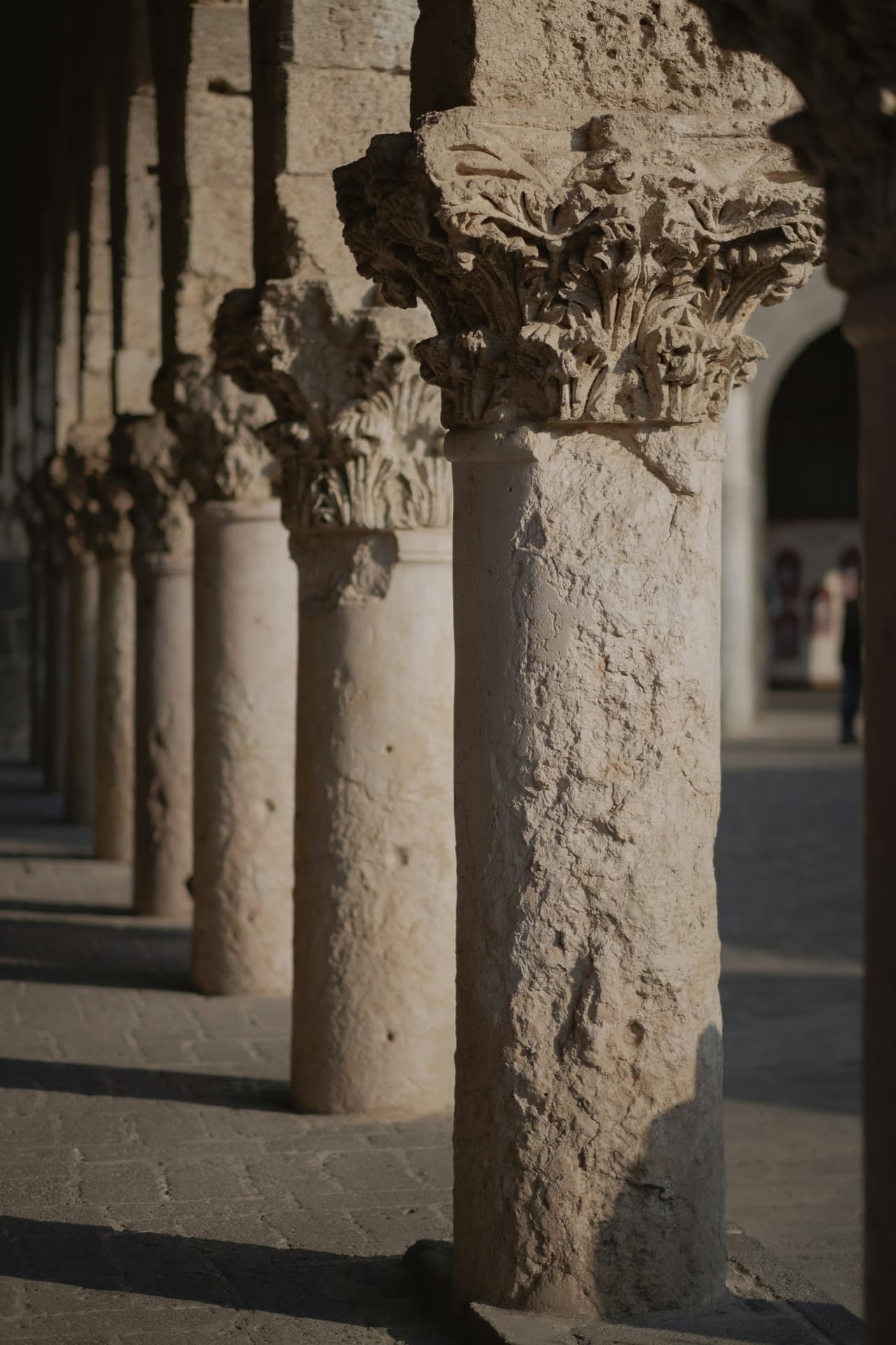 A row of carved stone columns receding into a sunlit colonnade
